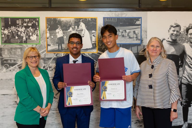 TDSB Top Scholars Charlie Li and Hari Pillai with TDSB Chair Rachel Chernos-Lin and Associate Director Louise Sirisko at the media event.