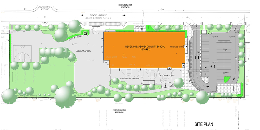 Architectural site plan looking down from above depicting the school & playfield after the project is completed. Open Gallery