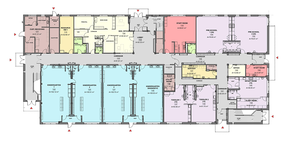 Architectural first floor plan looking down from above depicting instructional & operations spaces situated on the first floor after the project is completed. Open Gallery