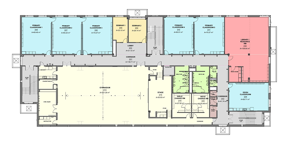 Architectural second floor plan looking down from above depicting instructional & operations spaces situated on the second floor after the project is completed. Open Gallery