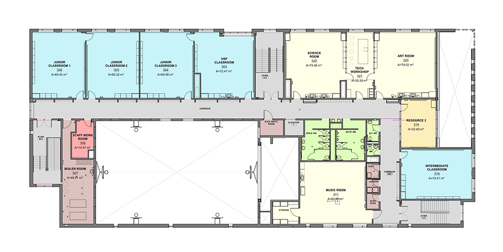 Architectural third floor plan looking down from above depicting instructional & operations spaces situated on the third floor after the project is completed. Open Gallery