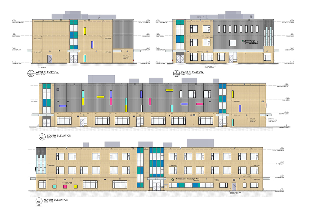 Architectural elevation drawing. The elevation at the top right of the drawing represents the east elevation of the school and the elevation at the top left represents the west elevation. The elevation at the middle of the drawing depicts the South elevation looking from the rear of the school. The elevation at the bottom shows the north elevation looking from Dennis Avenue. Open Gallery