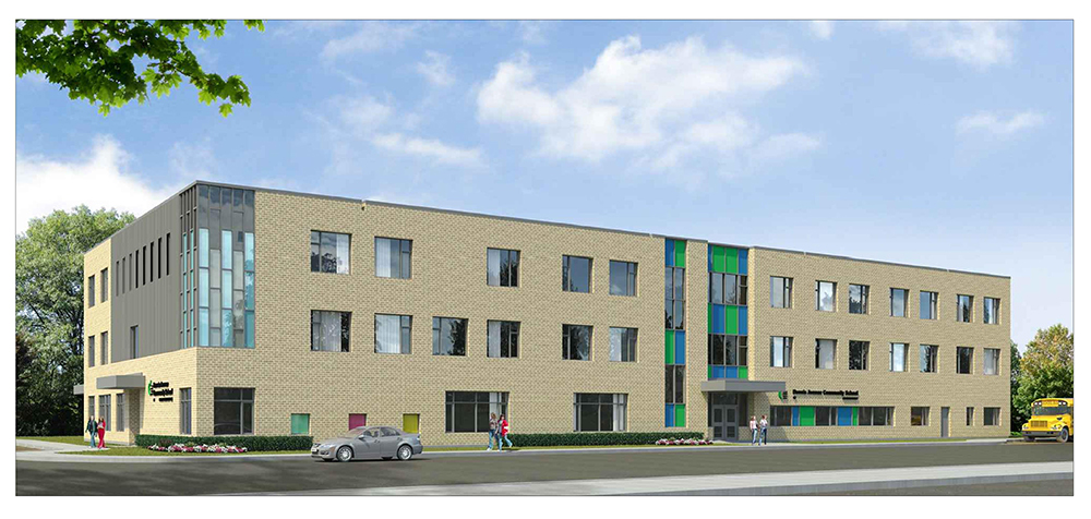 Exterior rendering depicting the view of the school from Dennis Avenue looking south-east. Open Gallery