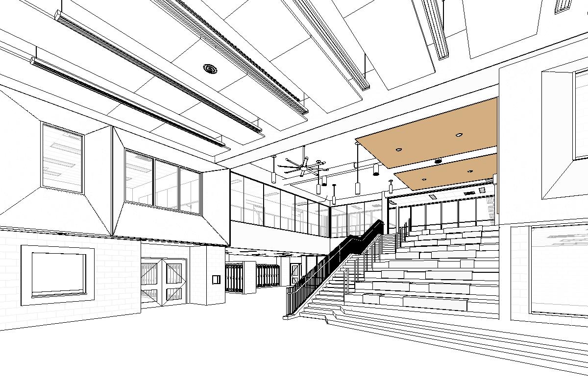 Interior rendering depicting the view on the first floor looking towards the stage and up into the atrium. Open Gallery