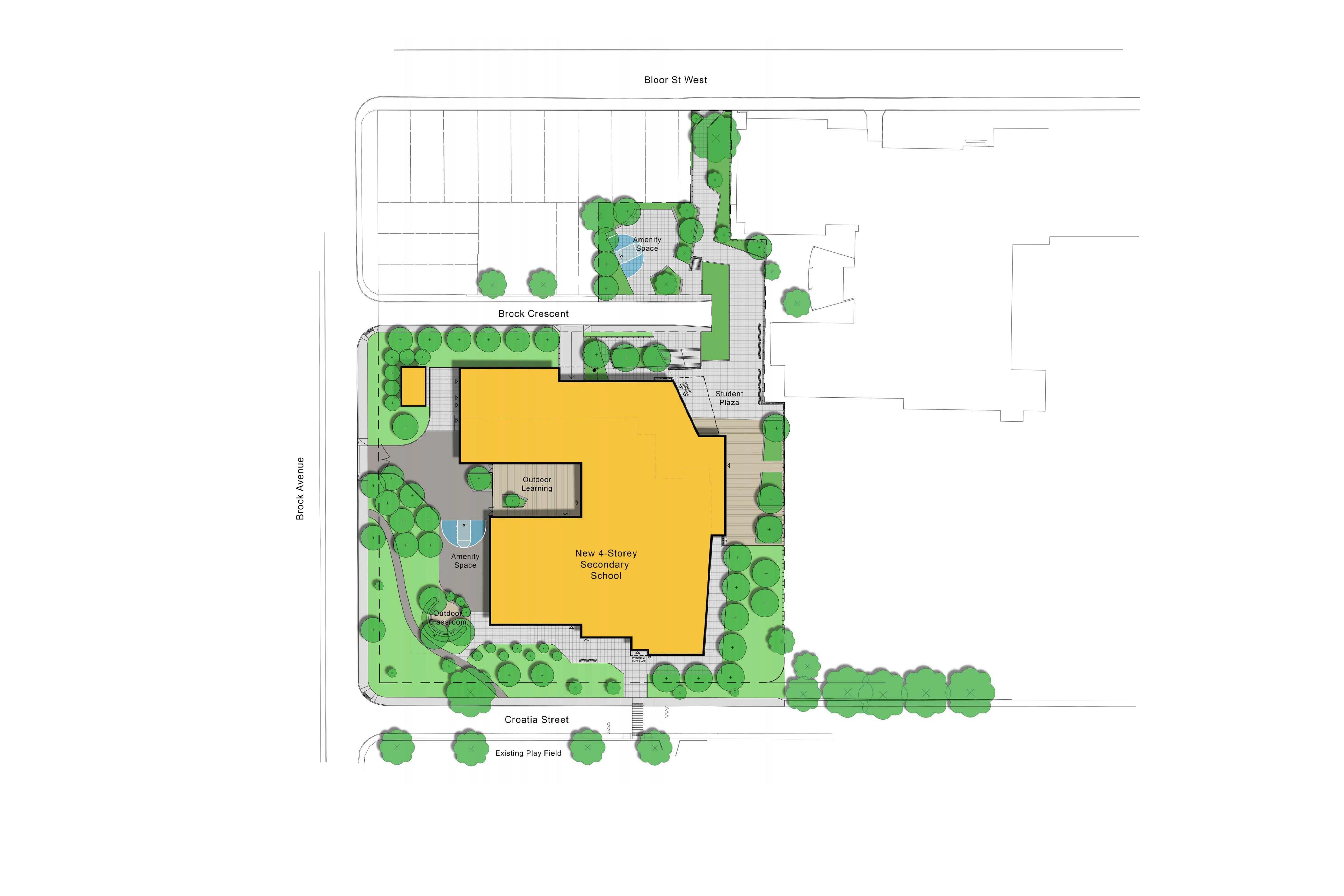 Architectural site plan looking down from above depicting the school & playfield after the project is completed. Open Gallery