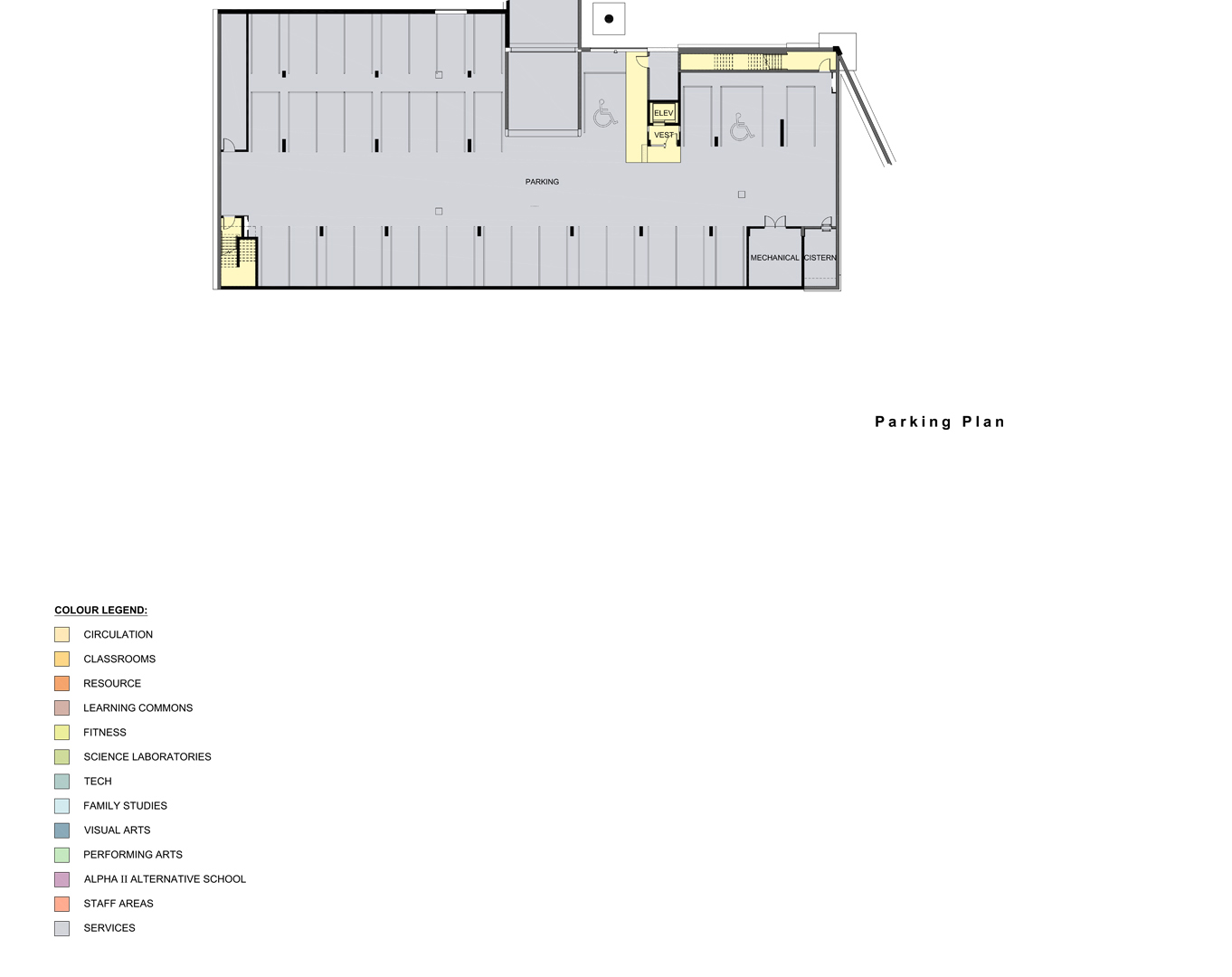 Architectural basement floor plan looking down from above depicting the parking layout after the project is completed. Open Gallery