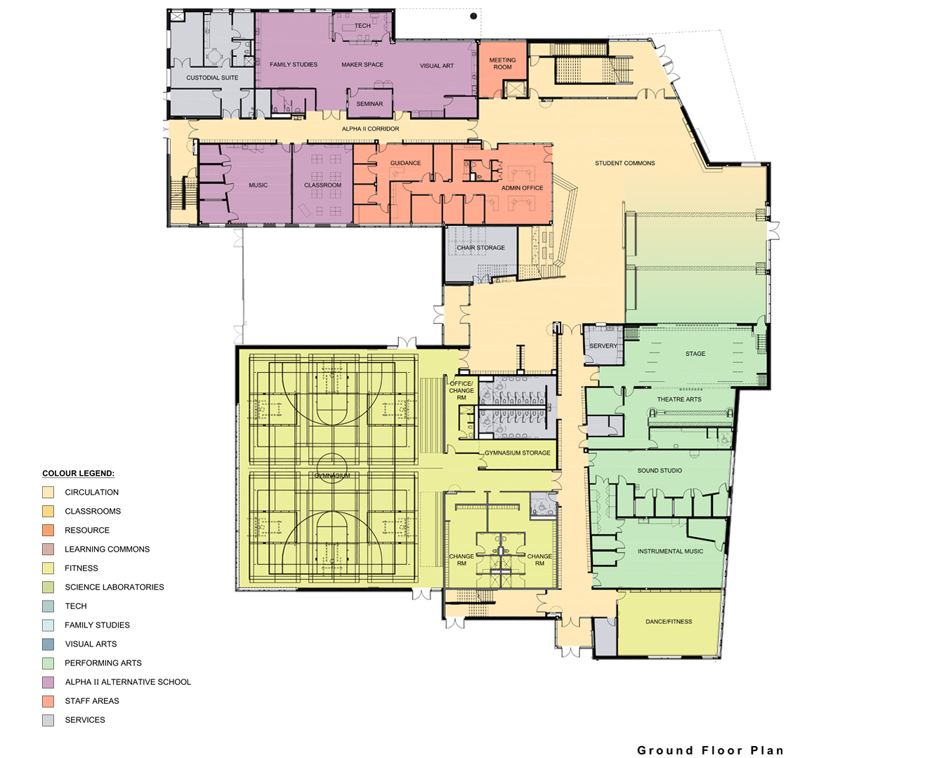 Architectural first floor plan looking down from above depicting instructional & operations spaces situated on the first floor after the project is completed. Open Gallery