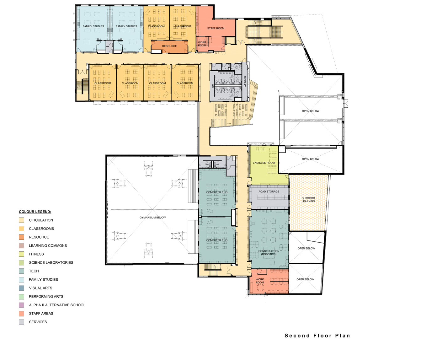 Architectural second floor plan looking down from above depicting instructional & operations spaces situated on the second floor after the project is completed. Open Gallery