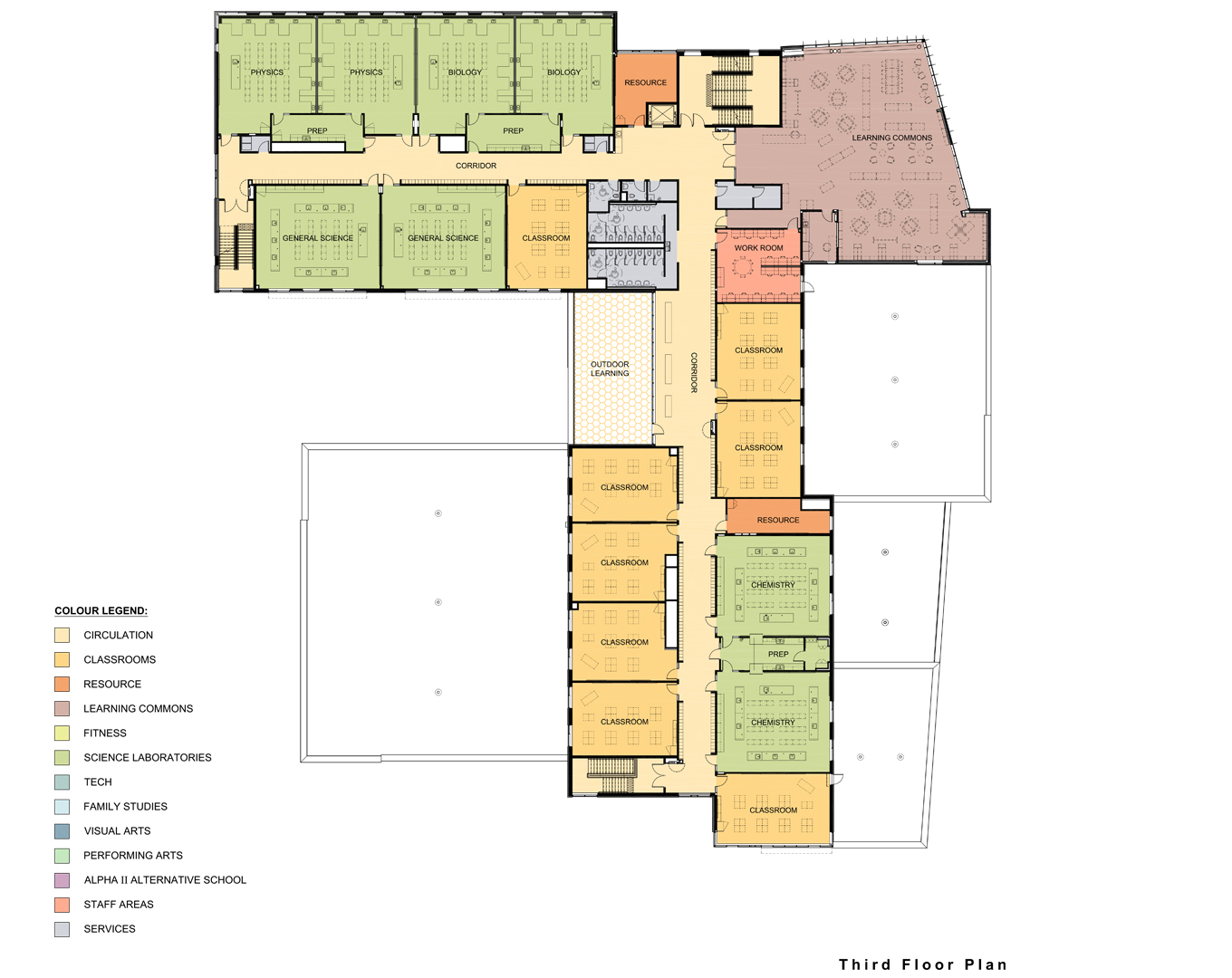 Architectural third floor plan looking down from above depicting instructional & operations spaces situated on the third floor after the project is completed. Open Gallery