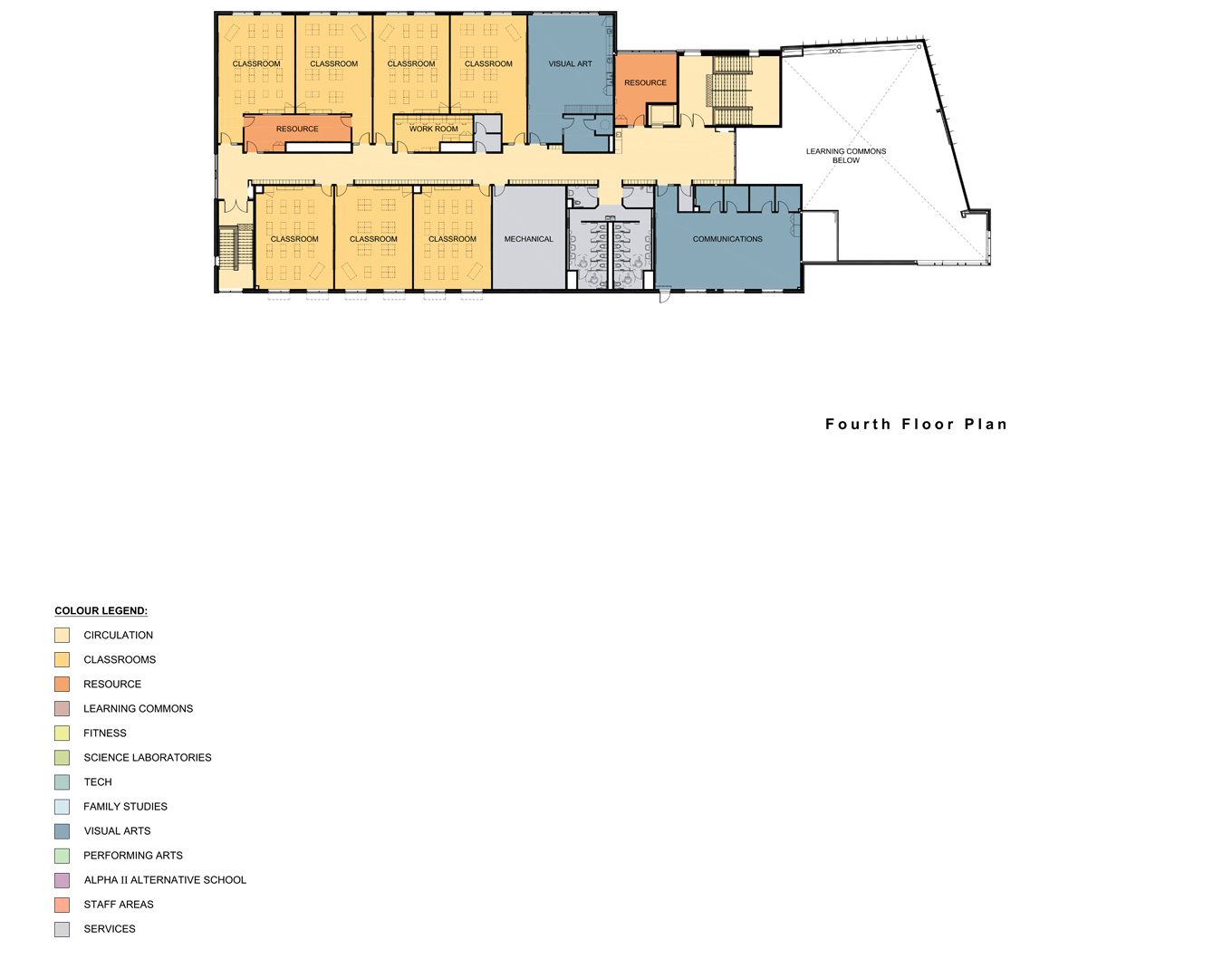 Architectural fourth floor plan looking down from above depicting instructional & operations spaces situated on the fourth floor after the project is completed. Open Gallery