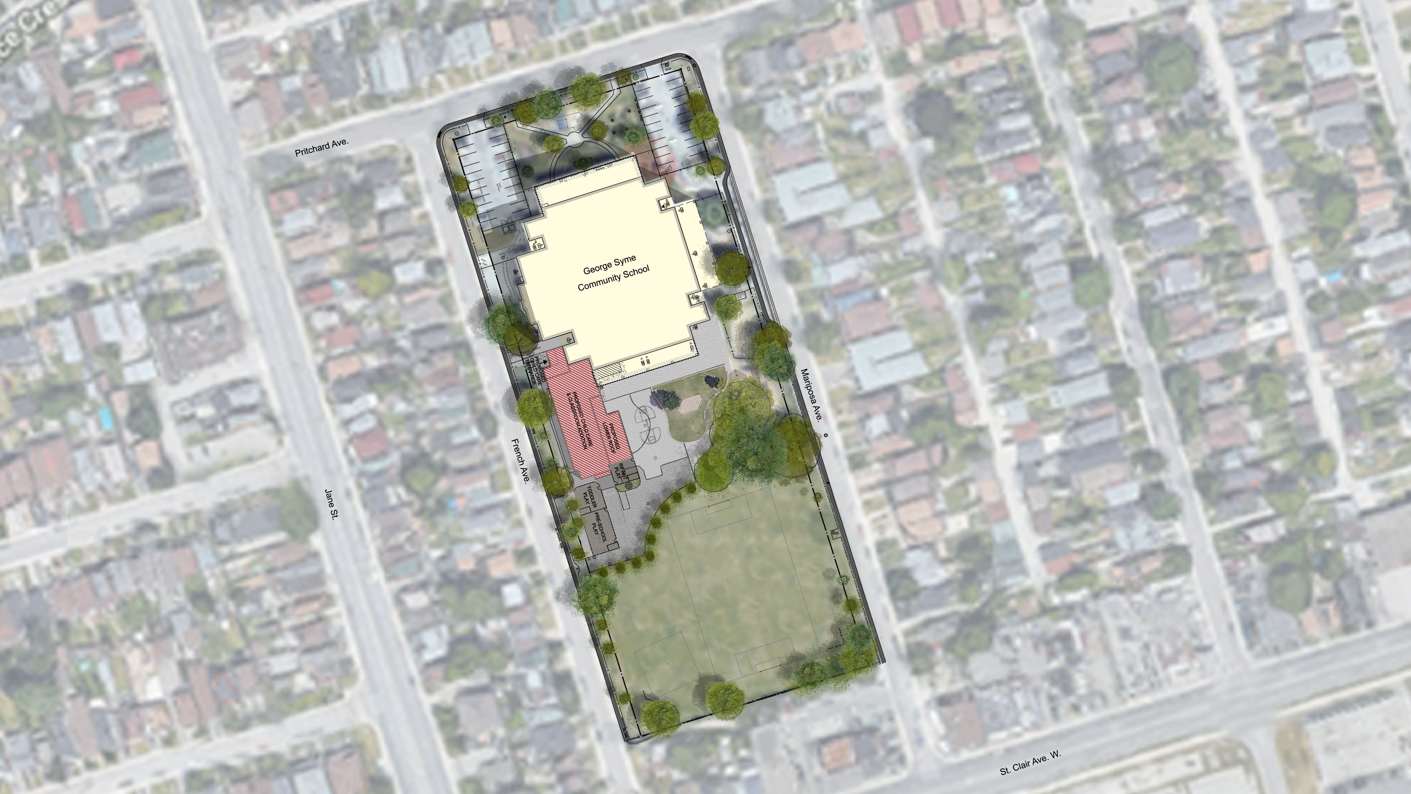 Architectural site plan looking down from above depicting the school & playfield after the project is completed. Open Gallery