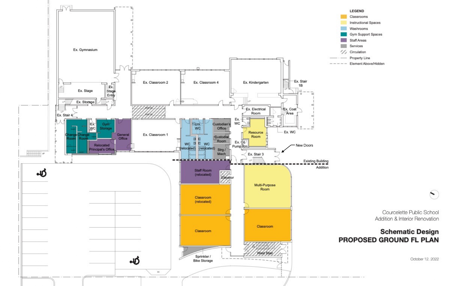 Architectural first floor plan looking down from above depicting instructional & operations spaces situated on the first floor after the project is completed. Open Gallery