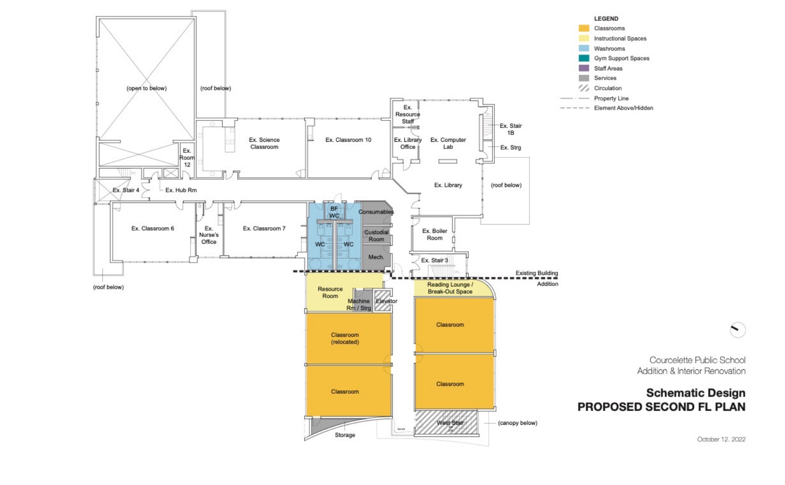 Architectural second floor plan looking down from above depicting instructional & operations spaces situated on the second floor after the project is completed. Open Gallery