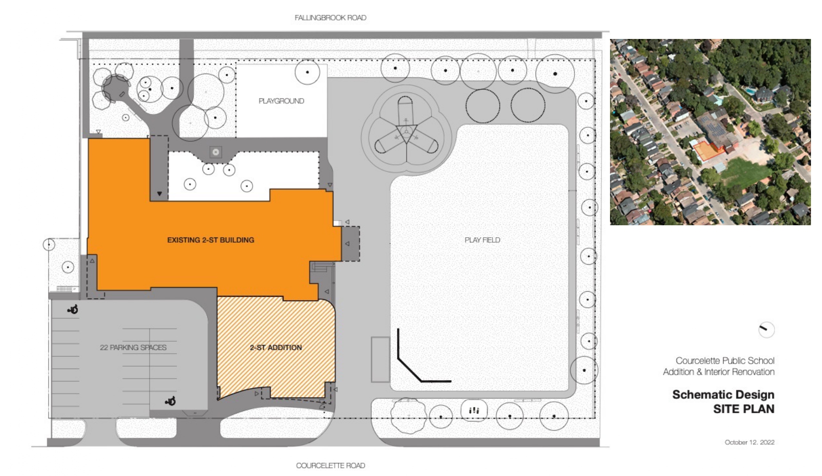 Architectural site plan looking down from above depicting the school & playfield including the proposed addition. Open Gallery