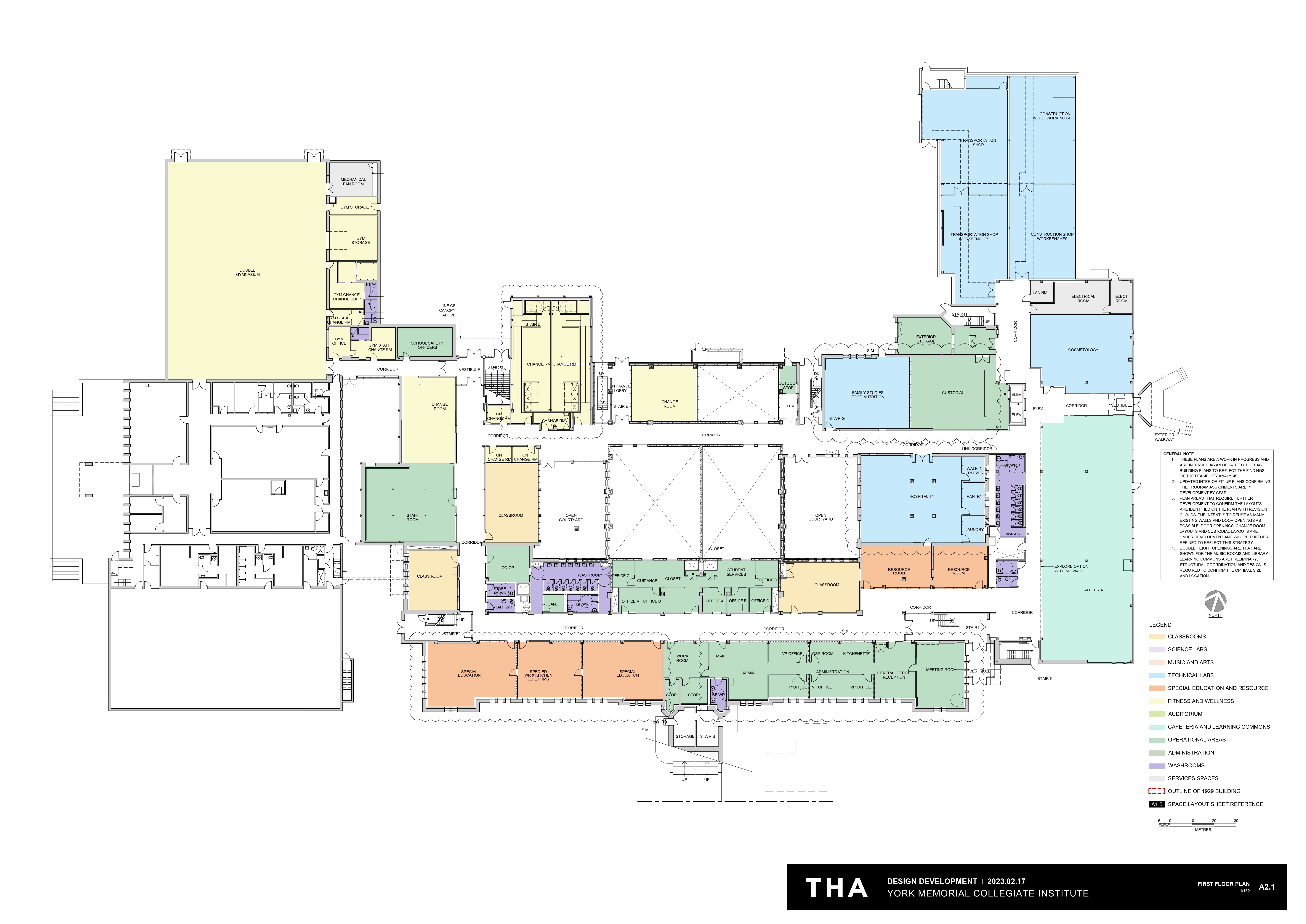 Architectural first floor plan looking down from above depicting instructional & operations spaces situated on the first floor after the project is completed. Open Gallery