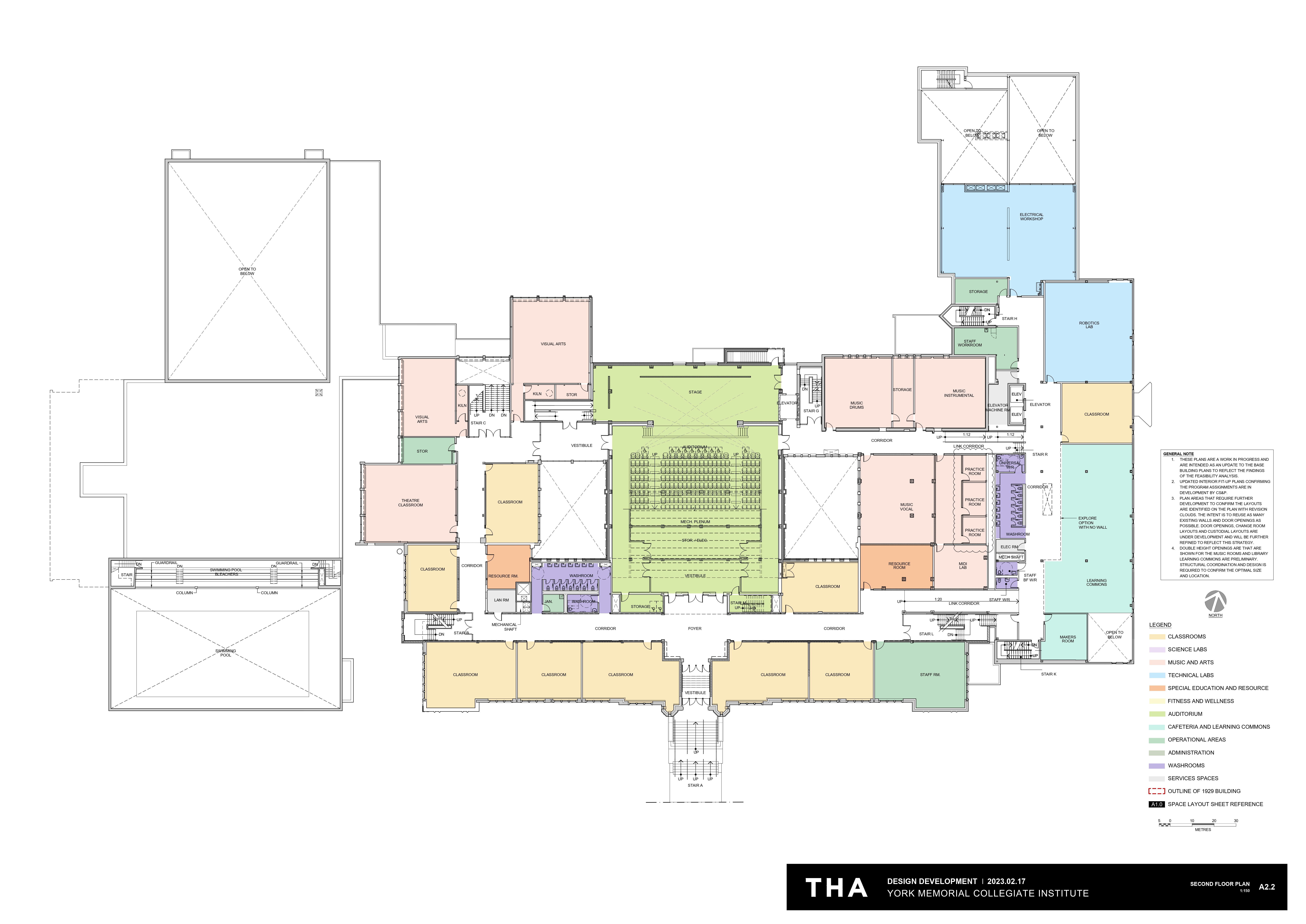 Architectural second floor plan looking down from above depicting instructional & operations spaces situated on the second floor after the project is completed. Open Gallery