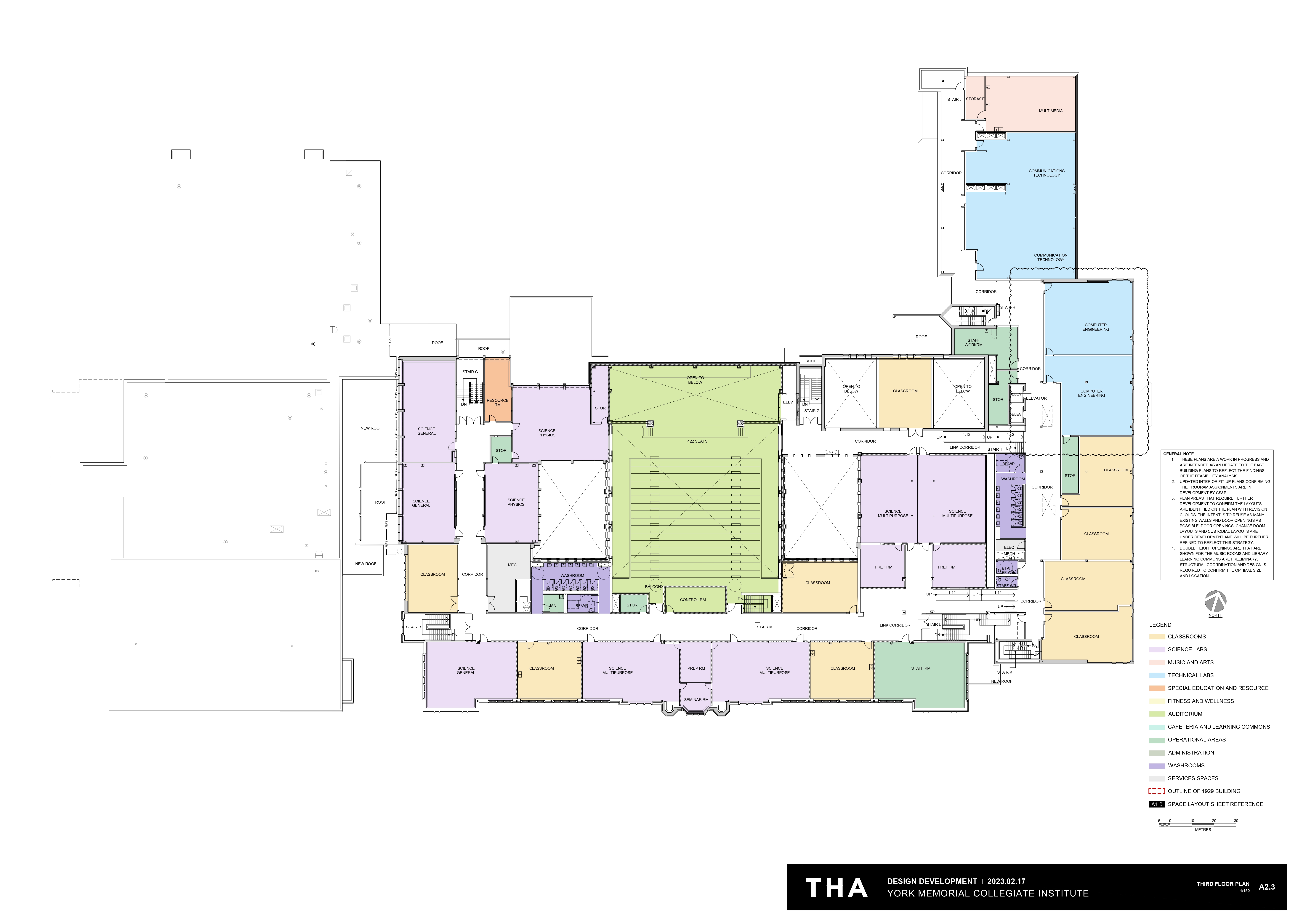 Architectural third floor plan looking down from above depicting instructional & operations spaces situated on the first floor after the project is completed. Open Gallery