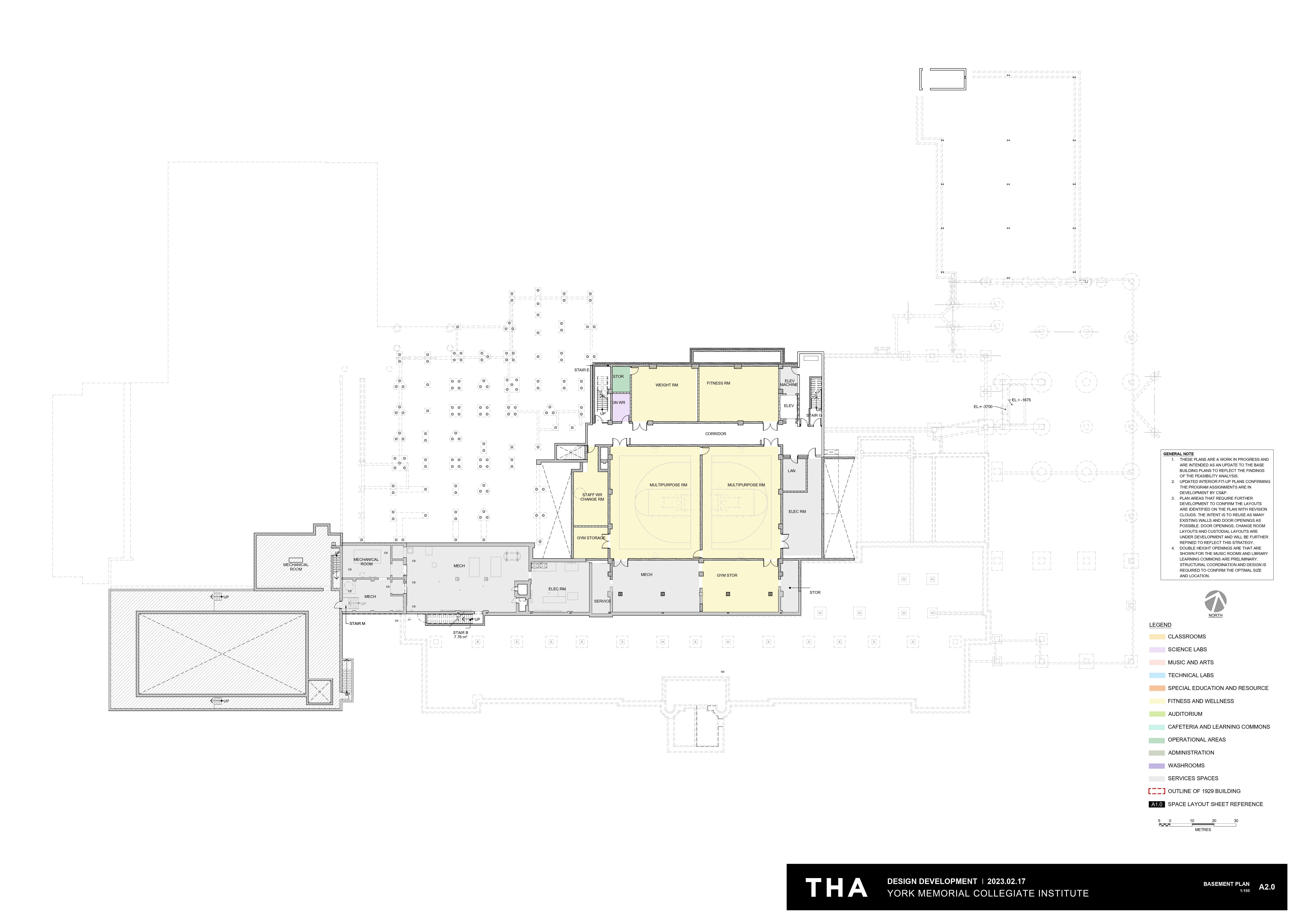 Architectural basement plan looking down from above depicting instructional & operations spaces situated on the first floor after the project is completed. Open Gallery