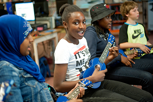 Kids sitting in a row playing ukuleles